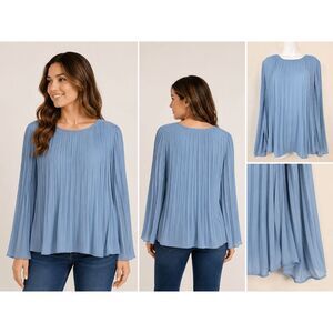 H&M Blue Pleated Blouse Long Sleeve Flowy Top M